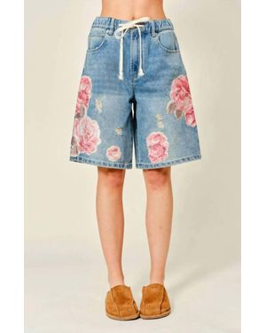 Aaron & Amber Flower Patch Bermuda Denim Shorts - Blue