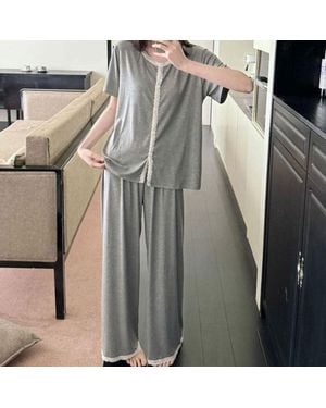 TRUEDAMES Lace Trim Short Sleeves Top Pants Loungewear Pajama Set - Gray