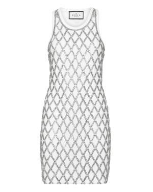 Philipp Plein Short Tank Dress Crystal Net - White