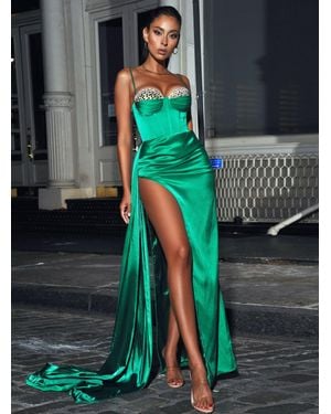 Miss Circle Vanity Satin High Slit Draping Corset Gown With Crystals - Green