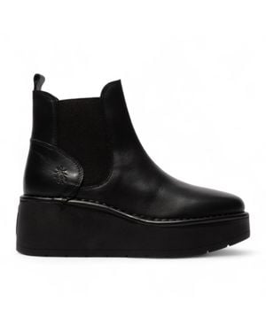 Fly London Hely268 Chelsea Leather Ankle Pull-On Platform Comfort Boots - Black