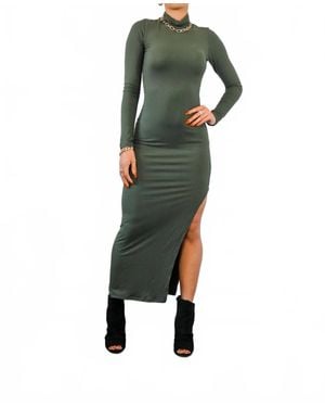 SurelyMine Turtle Neck Maxi Rib Dress With Side Slit - Green