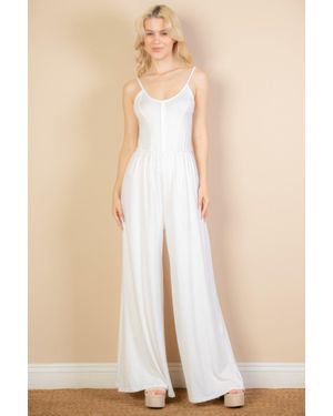 TRUEDAMES Button Front Wide Leg Jumpsuit - Natural