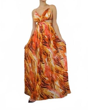 SurelyMine Pleated Cut Out Chiffon Maxi Dress - Orange