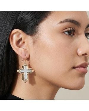 Fashnzfab Two Tone Cross Charm Drop Dangle Earrings - Natural
