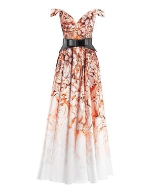 Saiid Kobeisy Mikado Printed Dress With Off-Shoulder Sleeves - White