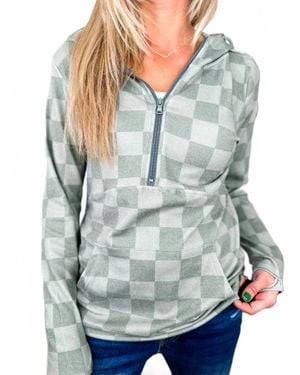 Michelle Mae Checkered Half Zip Hoodie Sweatshirt - Blue