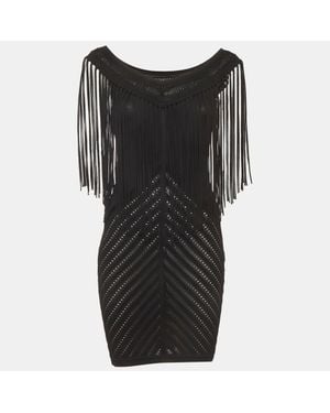 Roberto Cavalli Knit Fringed Sleeveless Mini Dress - Black