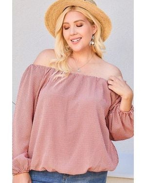TRUEDAMES Off Shoulder Long Bubble Sleeve Plaid Top - Pink