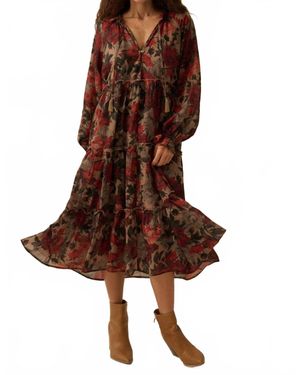 Promesa Floral-Print Tiered Ruffle Long-Sleeve Midi Dress - Brown