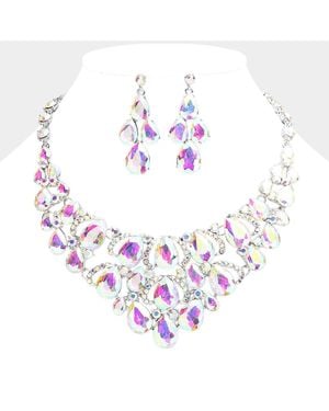 Fashnzfab Teardrop Stone Cluster Evening Necklace - Pink