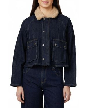 Habitual Faux Shearling Collar Crop Barn Jacket - Blue