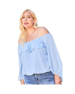 TRUEDAMES Off Shoulder Ruffle Bubble Sleeve Top - Blue