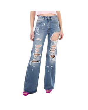 Rabanne Ladies Ripped-Detailing Cotton Wide-Leg Jeans - Blue