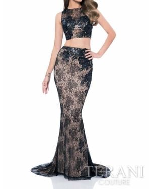 Terani Two Piece Lace Leather Applique Prom Dress - Black