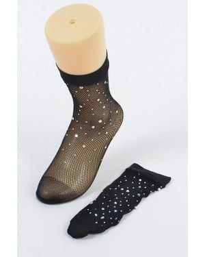 TRUEDAMES Rhinestone Mesh Socks - Black