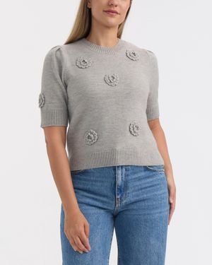 Ellen Tracy Short Sleeve Sweater With Crochet Flowers - Gray