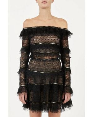 Elie Saab Macrame Long Sleeve Ruffle Top - Black
