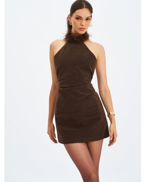 Miss Circle Yael Espresso Vegan Suede Faux Fur Halter Mini Dress - Black