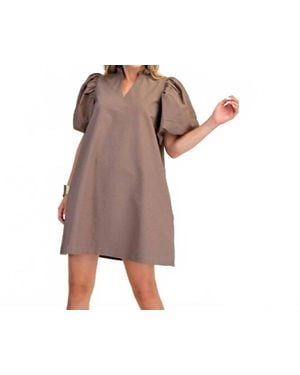 Style USA Ruffle V-Neck Puff Sleeve Dress - Brown