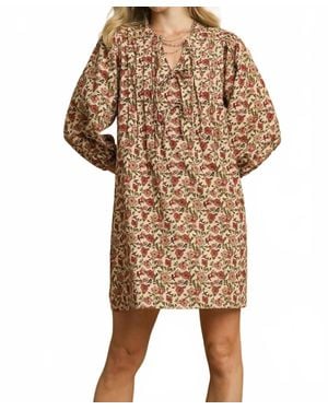 Style USA Floral Tie Neck Mini Dress - Natural