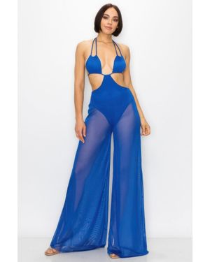 TRUEDAMES Bikini Top And Mesh Wide Pant Jumpsuit - Blue