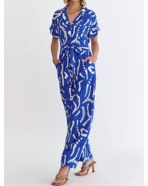 Entrousa V-Neck Collared Button Up Jumpsuit - Blue