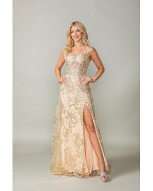 DQ Lace Embroidered Gown With Sheer Overlay And High Slit Prom Dress - Metallic