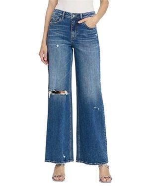 Flying Monkey High Rise Distressed Wide Leg Jeans With Knee Slit - Blue