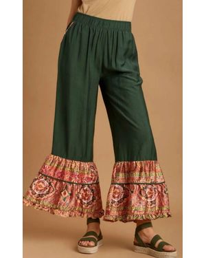 Umgee Boarder Print Ruffle Hem Wide Leg Pants With Elastic Band - Green