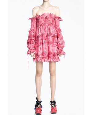Videmus Omnia Venus Off-The-Shoulder Smocked Charmeuse Mini Dress - Red