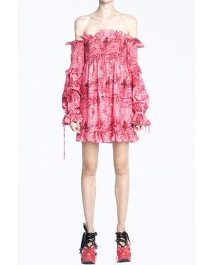 Videmus Omnia Venus Off-The-Shoulder Smocked Charmeuse Mini Dress - Red