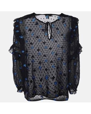 Maje Dotted Embroidered Crepe Ruffled Top - Blue