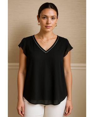Blu Pepper Line Lace V-Neck Woven Top - Black