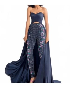Rachel Allan Stretch Satin Gown With Beaded Pants - Blue