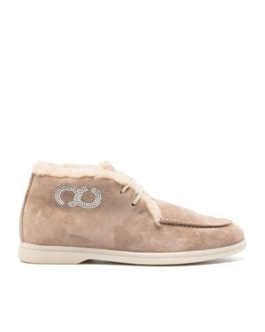 Casadei Antilope Plush Wool Lining Rhinestone Suede Ankle Boots - Natural