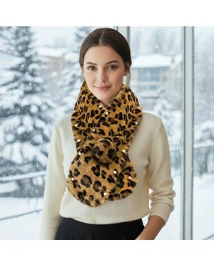TRUEDAMES Pearl Embellished Leopard Patterned Faux Fur Pom Pom Pull Through Scarf - Blue
