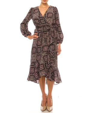 Maison Tara Print Surplice Neck Faux Wrap Midi Dress - Brown