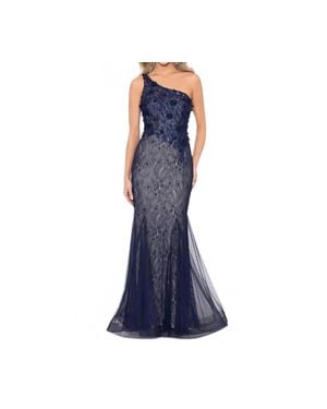 Xscape Lace Mesh One-Shoulder Gown - Blue