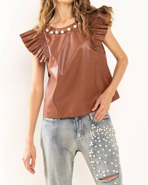 Ces Femme Smocked Ruffled Shoulder Pearl Detail Top - Brown