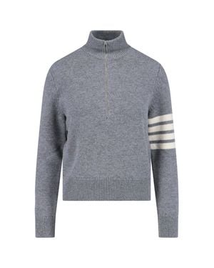 Thom Browne Wool Zip Sweater 4-Bar Detail - Gray