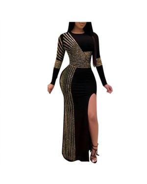 GAJE Side Slit Long Sleeve Evening Gown - Black