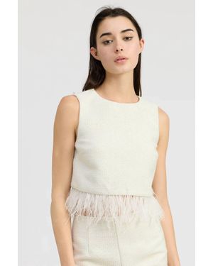 En Saison Arden Sleeveless Feather-Trim Top - White