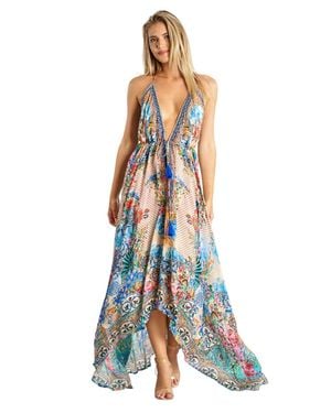 La Moda Clothing Maxi Tropical Print Halterneck Dress - Blue