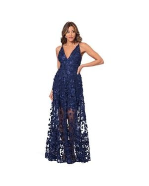 Xscape Dress Floral Soutache Mesh V-Neck Party Cocktail Gbo1276 - Blue