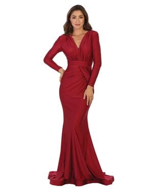 TRUEDAMES V Neck Long Sleeve Bridesmaids Dresses - Red