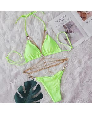 TRUEDAMES Sexy Bikini Crystal Diamond Body Chain Decorative Swimsuit Straps Split Beach Swimsuit - Green
