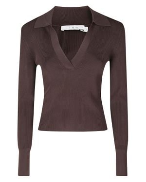 IRO Waves Ribbed Deep V-Neck Polo Collar Viscose Top - Brown