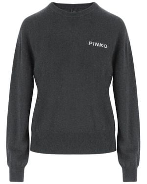 Pinko Crew Neck Wool Sweater With Contrasting Logo Details - Black