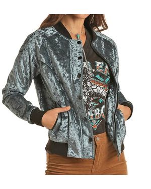 Rock & Roll Denim Velour Bomber Jacket - Gray